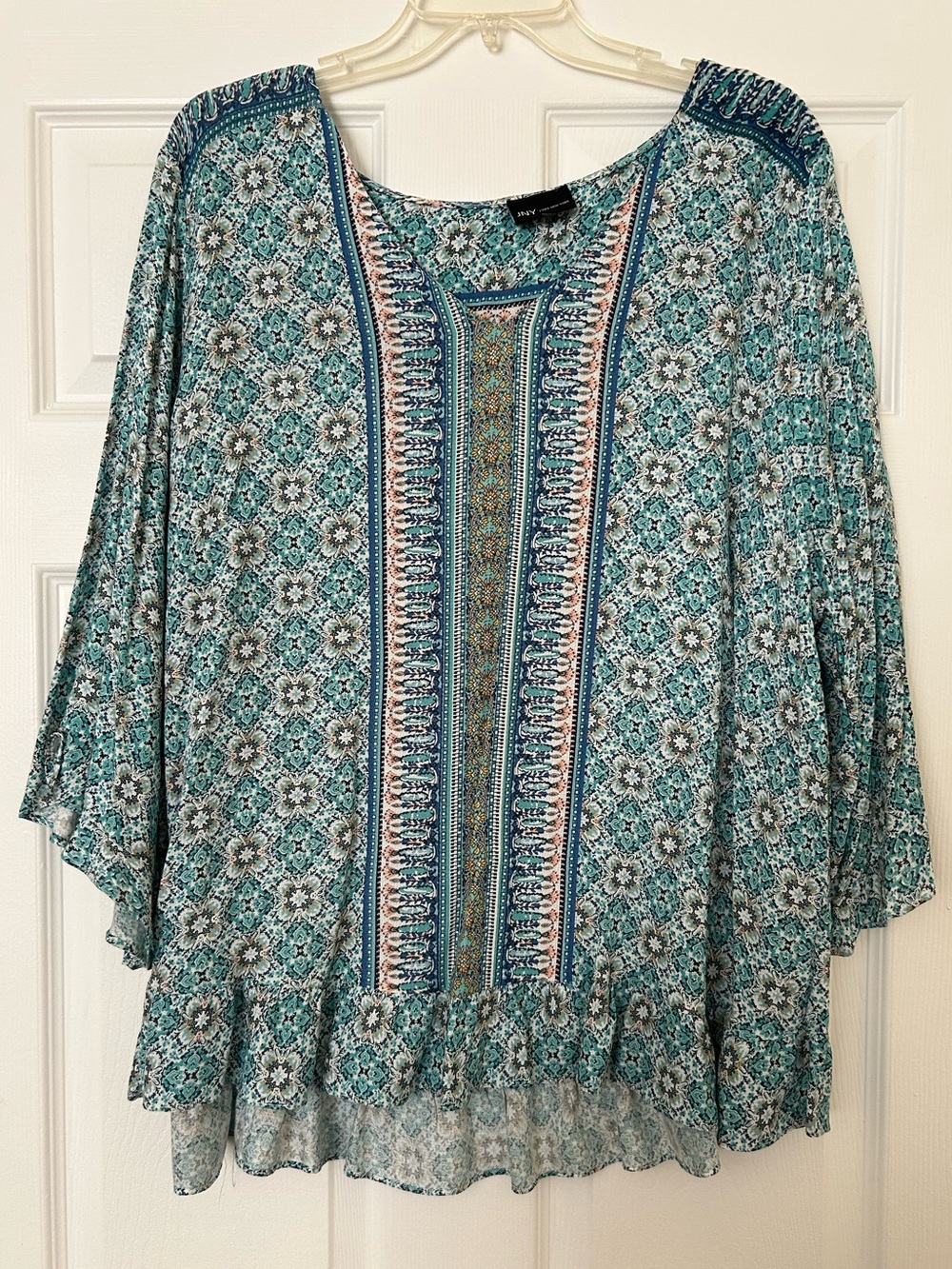 Jones New York Teal Floral Boho Top Size 1X